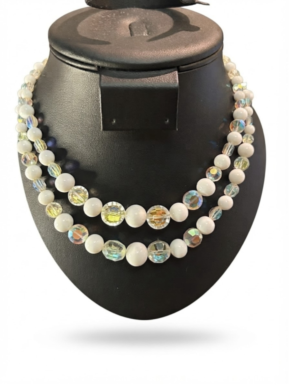 Women's vintage Deauville double-strand choker necklace AB & milk glass beads
